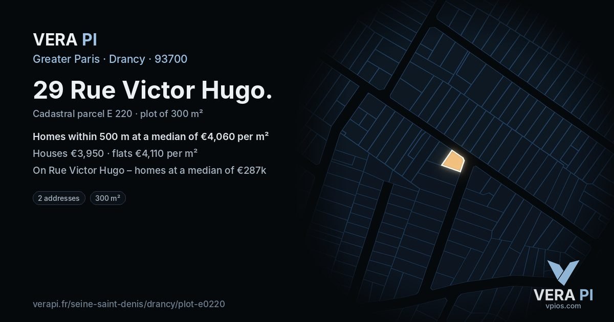 29 Rue Victor Hugo, Drancy at night – the plot lit, the parcels around coloured by the prices near them