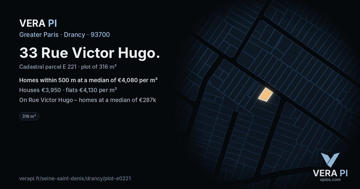33 Rue Victor Hugo, Drancy at night – the plot lit, the parcels around coloured by the prices near them