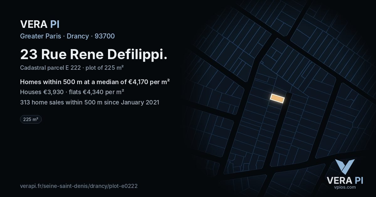 23 Rue Rene Defilippi, Drancy at night – the plot lit, the parcels around coloured by the prices near them
