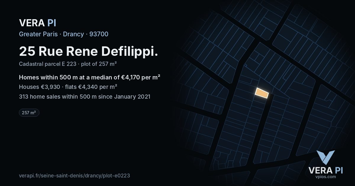 25 Rue Rene Defilippi, Drancy at night – the plot lit, the parcels around coloured by the prices near them