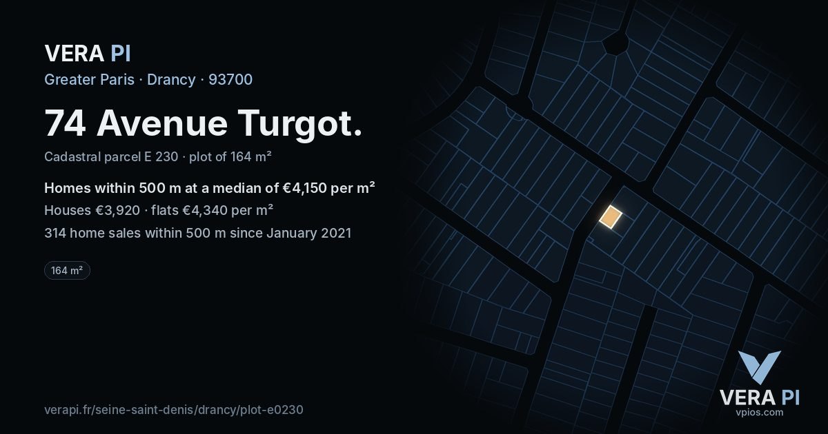74 Avenue Turgot, Drancy at night – the plot lit, the parcels around coloured by the prices near them