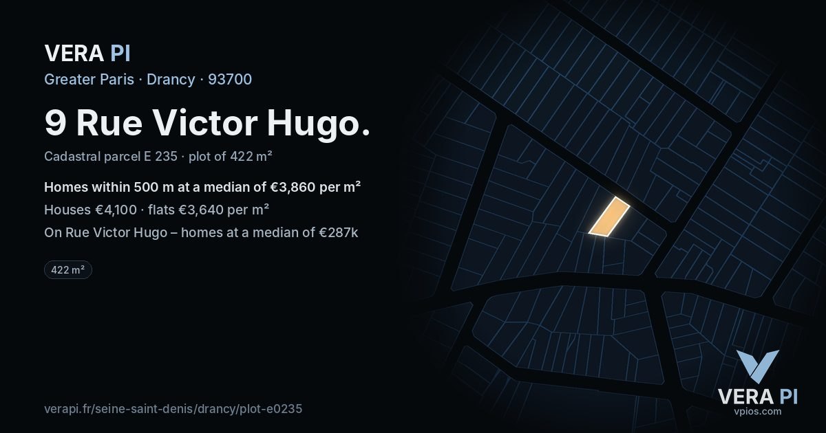 9 Rue Victor Hugo, Drancy at night – the plot lit, the parcels around coloured by the prices near them