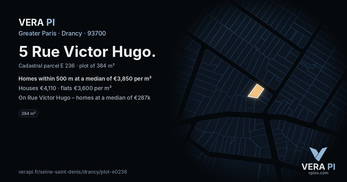 5 Rue Victor Hugo, Drancy at night – the plot lit, the parcels around coloured by the prices near them