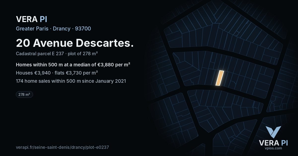 20 Avenue Descartes, Drancy at night – the plot lit, the parcels around coloured by the prices near them