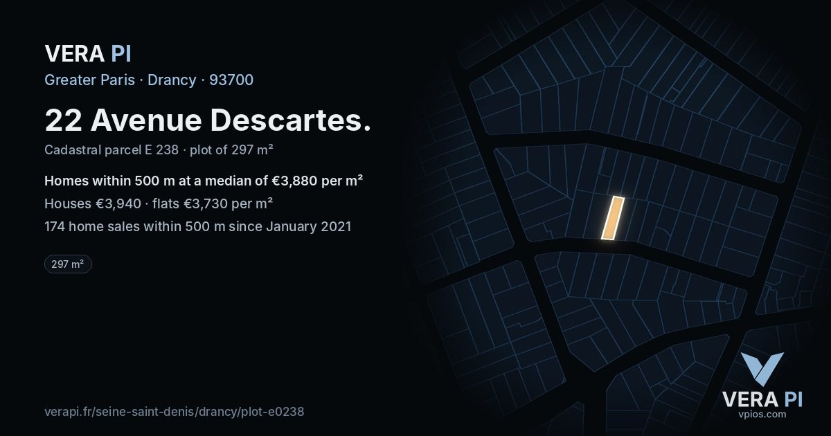 22 Avenue Descartes, Drancy at night – the plot lit, the parcels around coloured by the prices near them