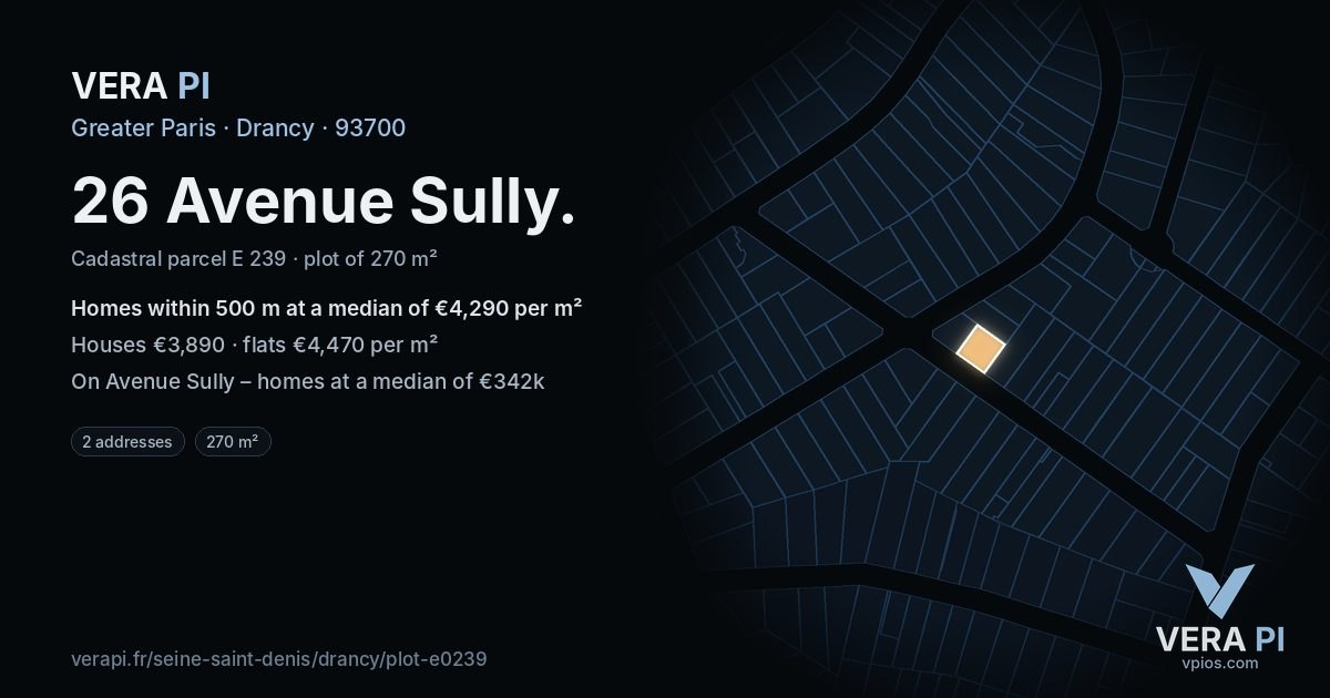 26 Avenue Sully, Drancy at night – the plot lit, the parcels around coloured by the prices near them
