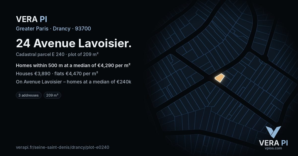 24 Avenue Lavoisier, Drancy at night – the plot lit, the parcels around coloured by the prices near them