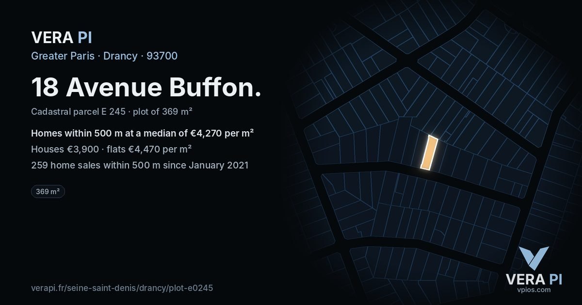 18 Avenue Buffon, Drancy at night – the plot lit, the parcels around coloured by the prices near them
