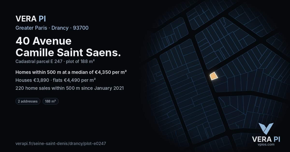 40 Avenue Camille Saint Saens, Drancy at night – the plot lit, the parcels around coloured by the prices near them