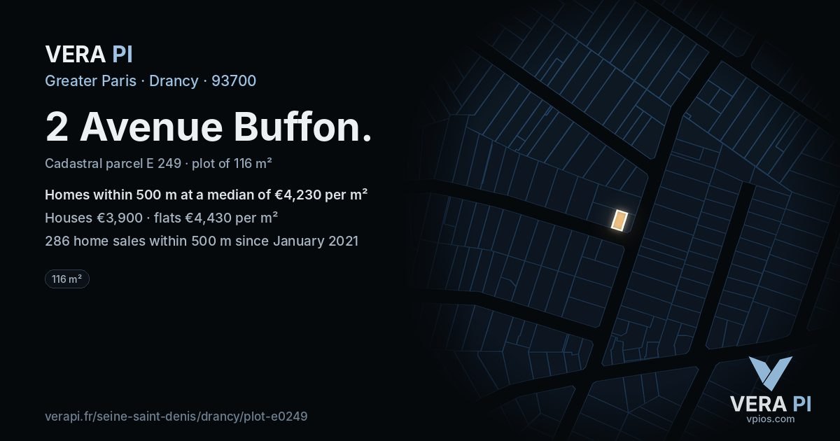 2 Avenue Buffon, Drancy at night – the plot lit, the parcels around coloured by the prices near them