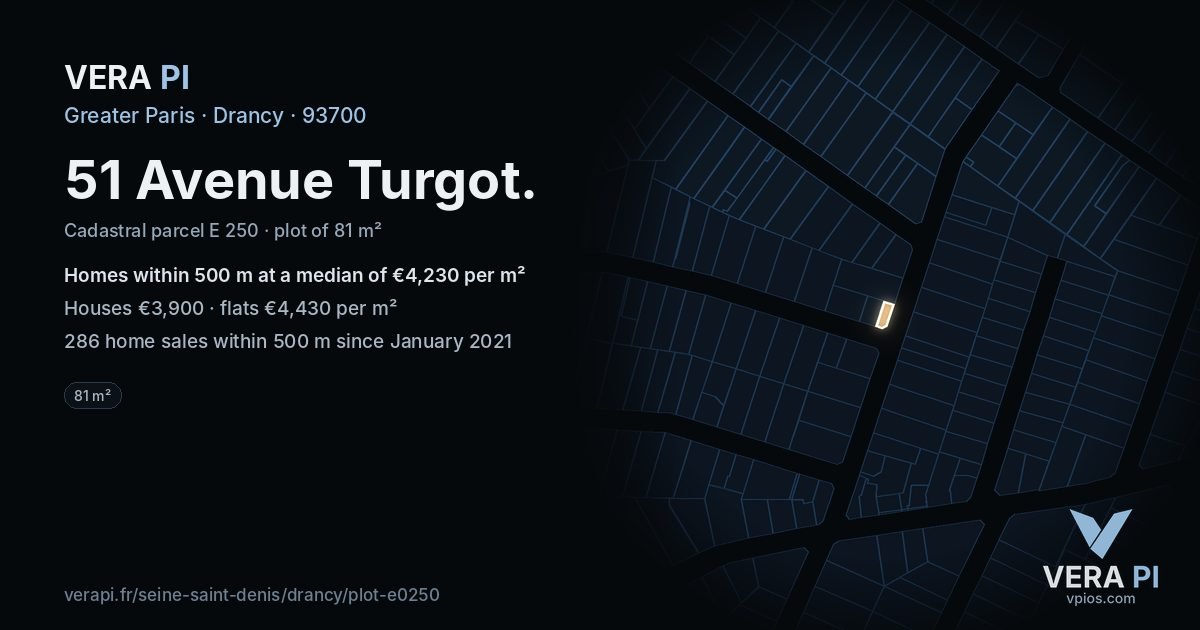 51 Avenue Turgot, Drancy at night – the plot lit, the parcels around coloured by the prices near them