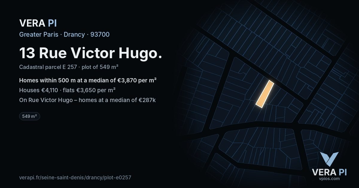 13 Rue Victor Hugo, Drancy at night – the plot lit, the parcels around coloured by the prices near them