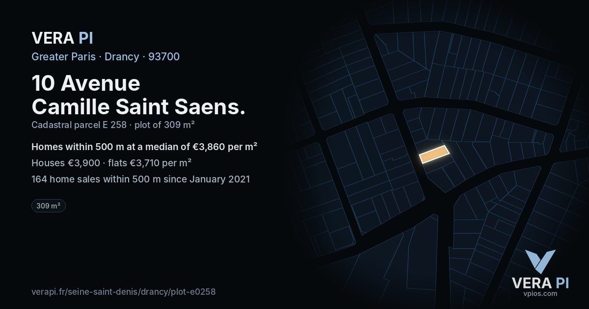 10 Avenue Camille Saint Saens, Drancy at night – the plot lit, the parcels around coloured by the prices near them