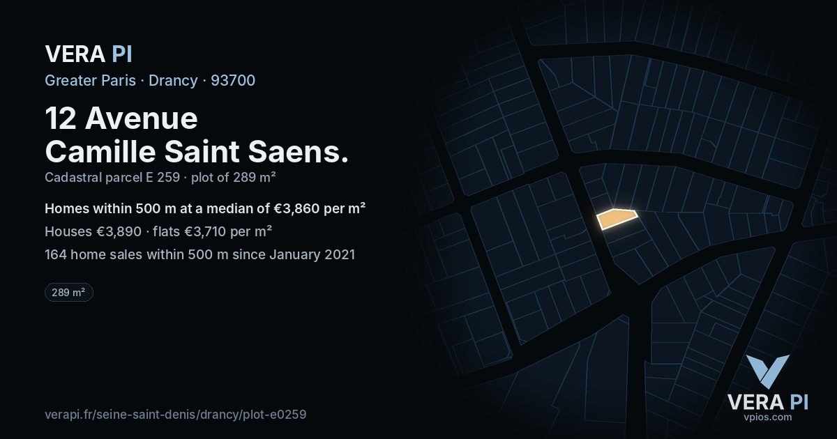 12 Avenue Camille Saint Saens, Drancy at night – the plot lit, the parcels around coloured by the prices near them