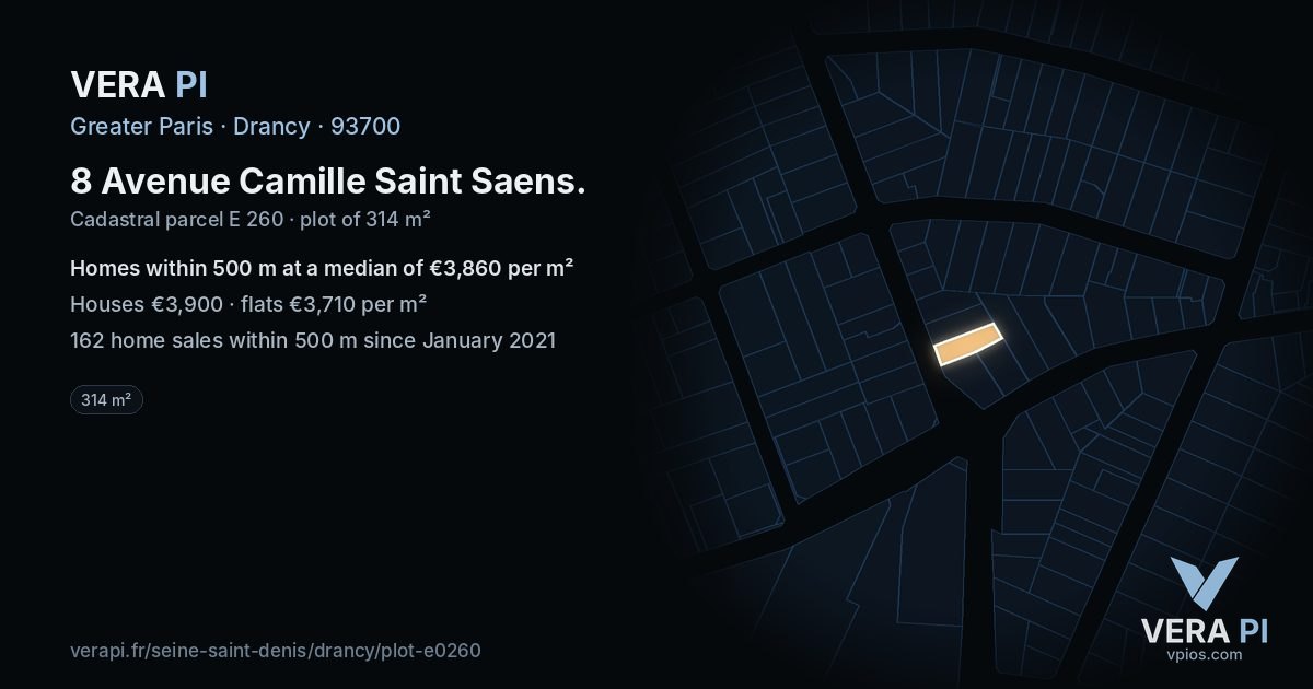 8 Avenue Camille Saint Saens, Drancy at night – the plot lit, the parcels around coloured by the prices near them