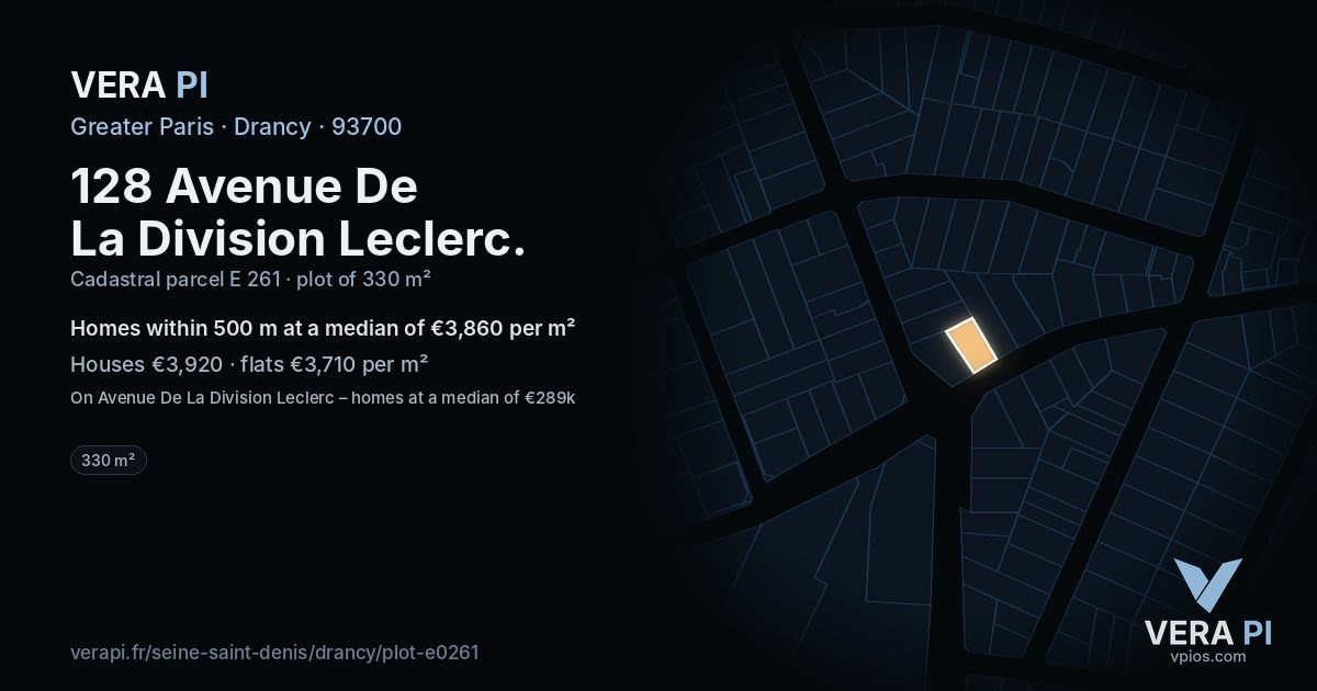 128 Avenue De La Division Leclerc, Drancy at night – the plot lit, the parcels around coloured by the prices near them