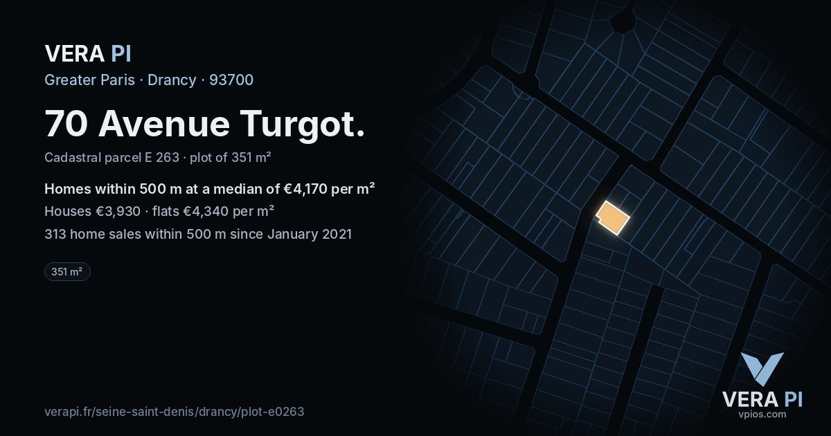 70 Avenue Turgot, Drancy at night – the plot lit, the parcels around coloured by the prices near them