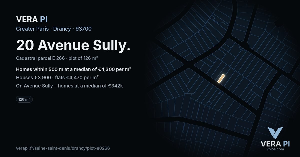 20 Avenue Sully, Drancy at night – the plot lit, the parcels around coloured by the prices near them