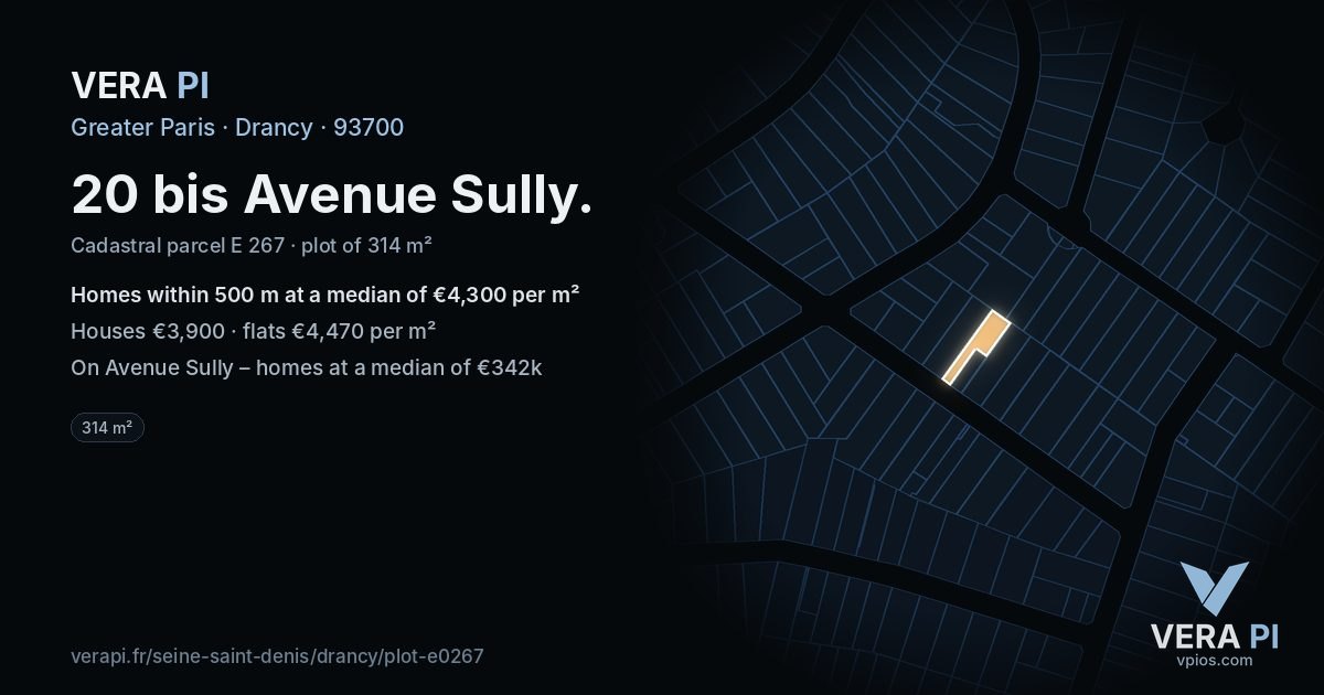 20 bis Avenue Sully, Drancy at night – the plot lit, the parcels around coloured by the prices near them