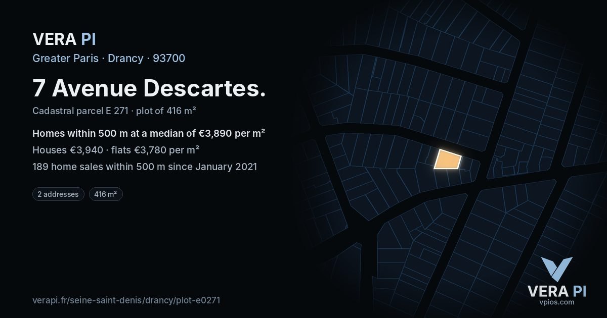7 Avenue Descartes, Drancy at night – the plot lit, the parcels around coloured by the prices near them