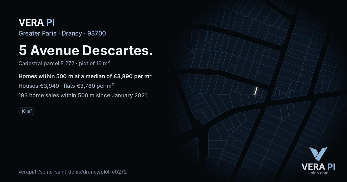 5 Avenue Descartes, Drancy at night – the plot lit, the parcels around coloured by the prices near them