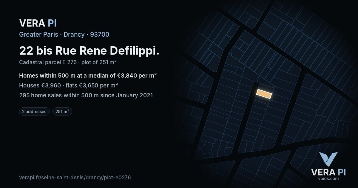 22 bis Rue Rene Defilippi, Drancy at night – the plot lit, the parcels around coloured by the prices near them
