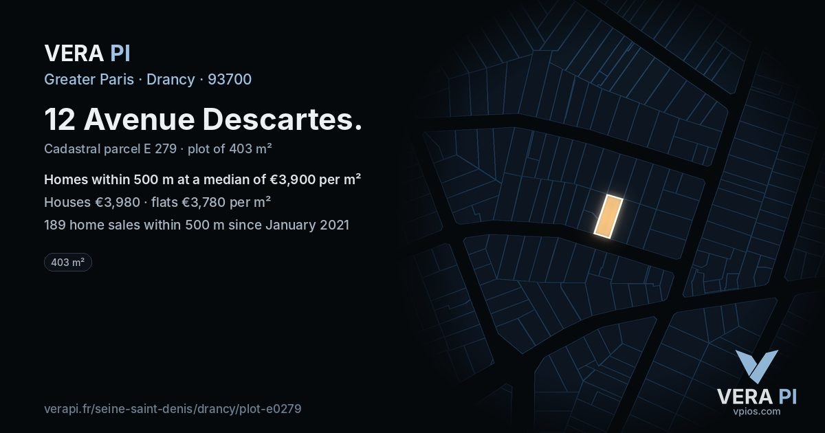 12 Avenue Descartes, Drancy at night – the plot lit, the parcels around coloured by the prices near them