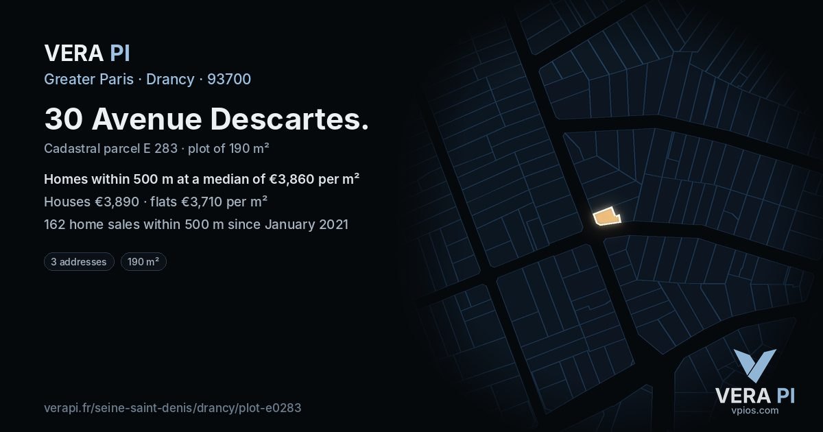 30 Avenue Descartes, Drancy at night – the plot lit, the parcels around coloured by the prices near them