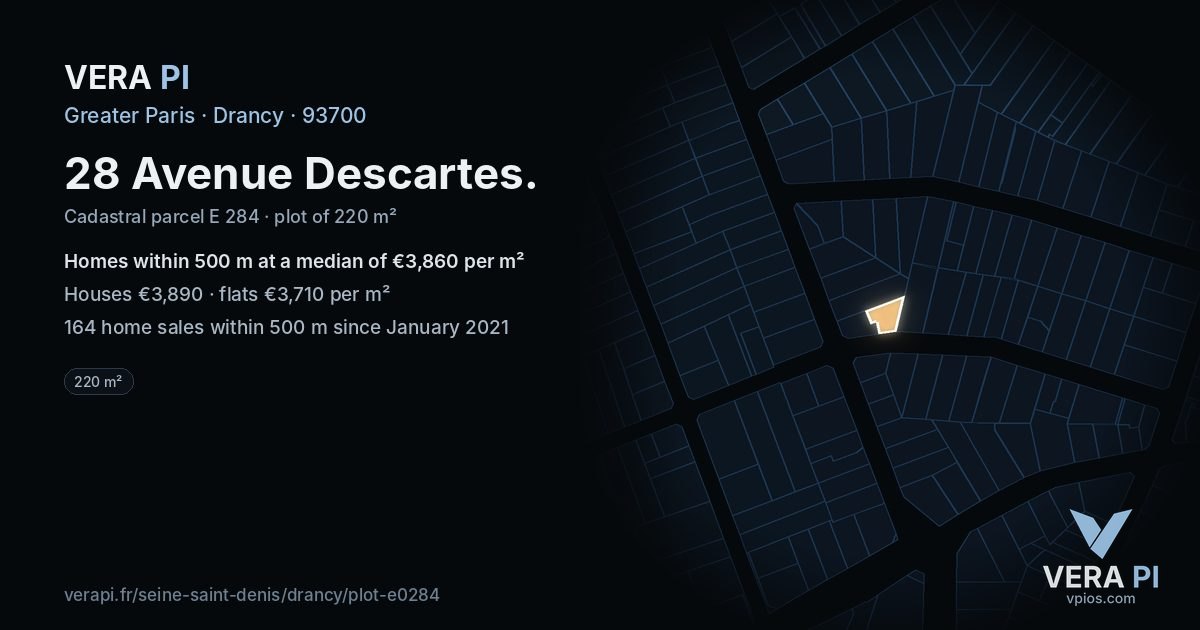 28 Avenue Descartes, Drancy at night – the plot lit, the parcels around coloured by the prices near them
