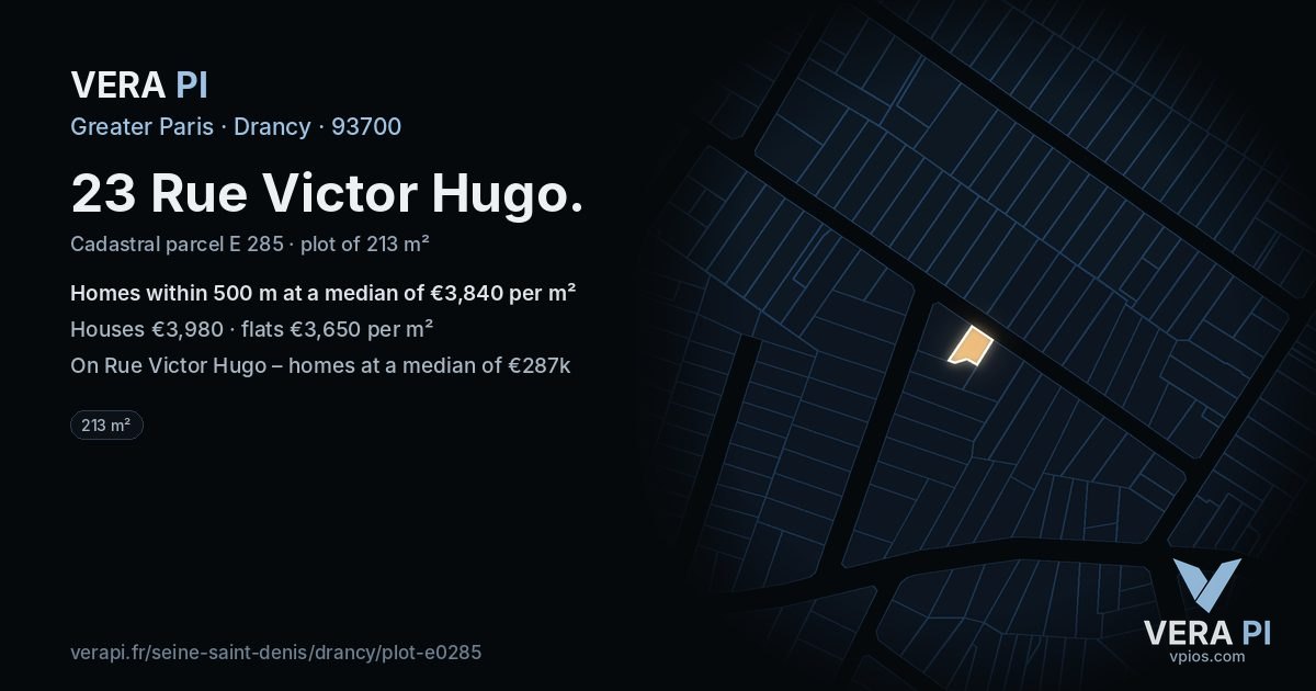 23 Rue Victor Hugo, Drancy at night – the plot lit, the parcels around coloured by the prices near them