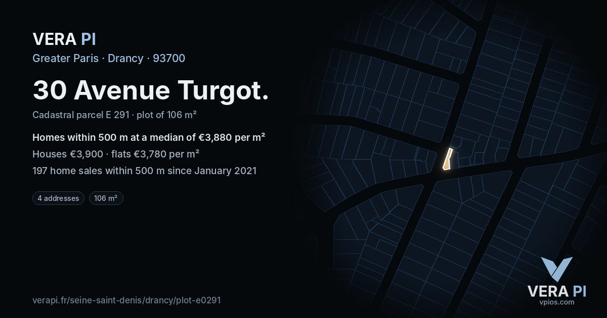 30 Avenue Turgot, Drancy at night – the plot lit, the parcels around coloured by the prices near them