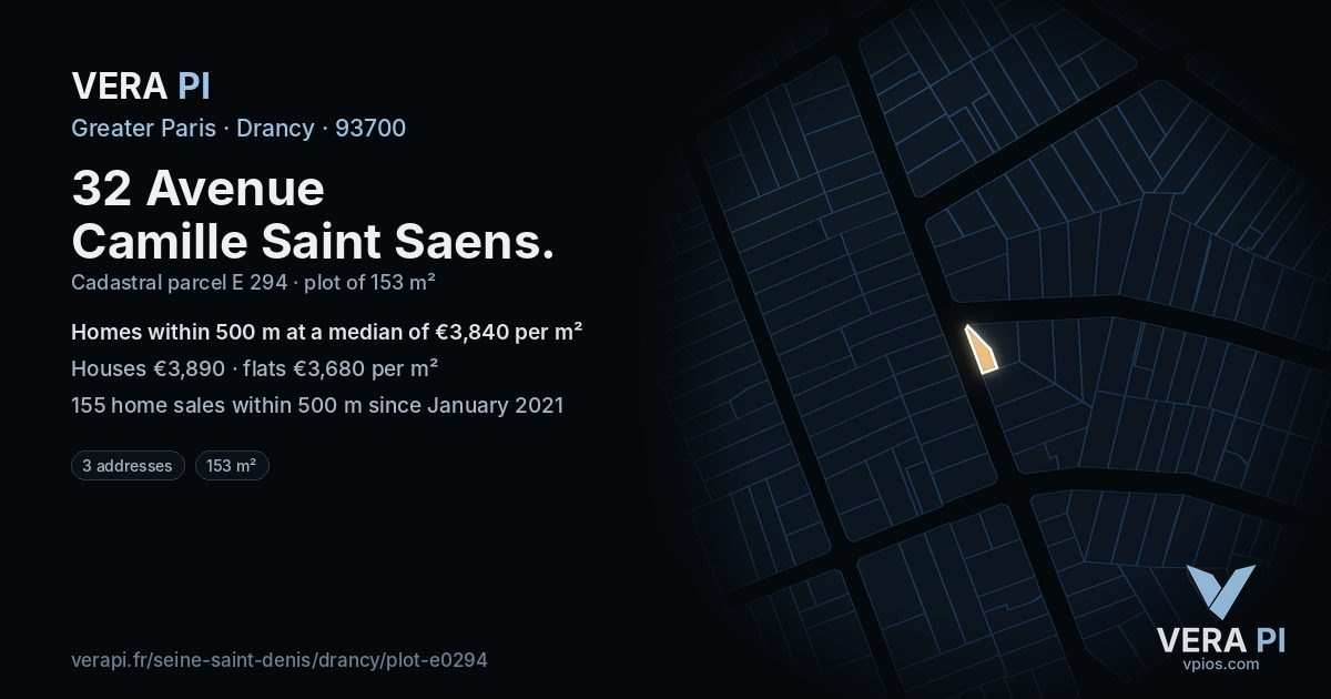 32 Avenue Camille Saint Saens, Drancy at night – the plot lit, the parcels around coloured by the prices near them