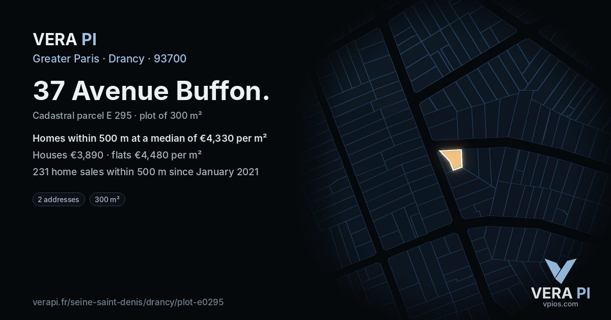 37 Avenue Buffon, Drancy at night – the plot lit, the parcels around coloured by the prices near them