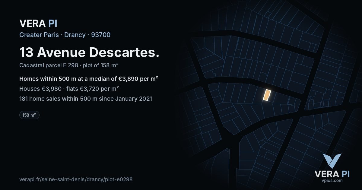 13 Avenue Descartes, Drancy at night – the plot lit, the parcels around coloured by the prices near them