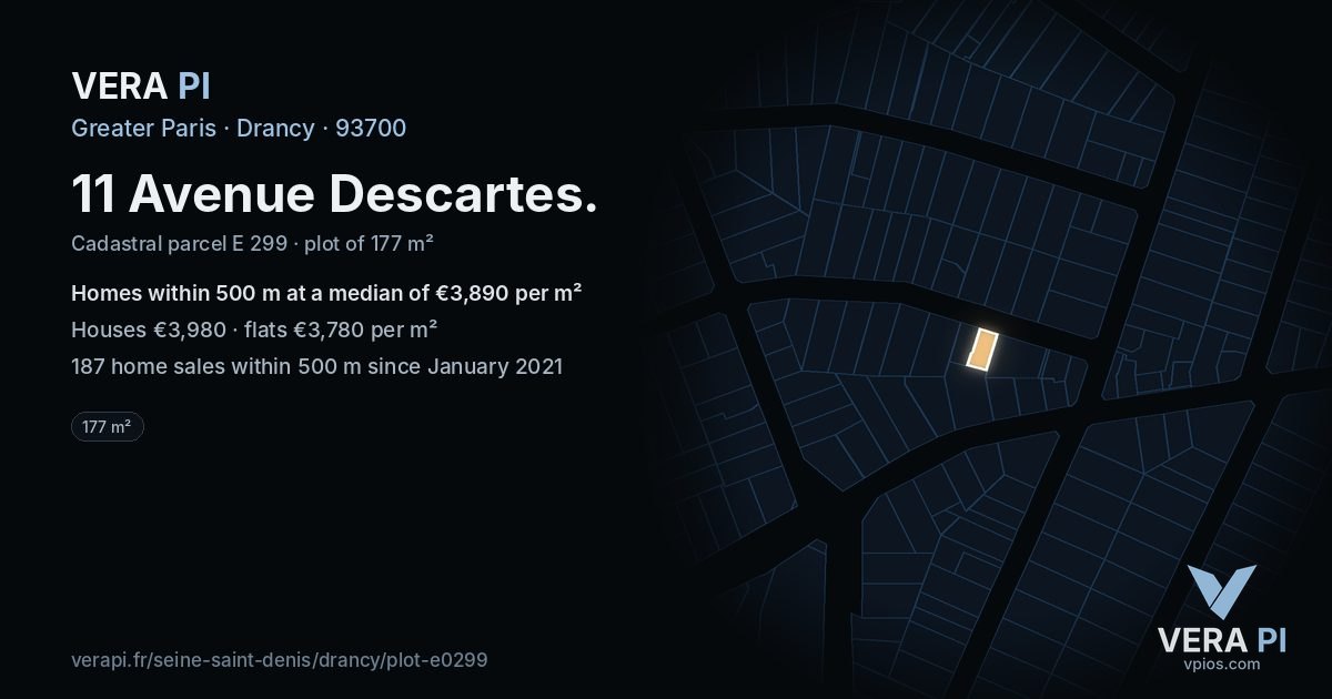 11 Avenue Descartes, Drancy at night – the plot lit, the parcels around coloured by the prices near them