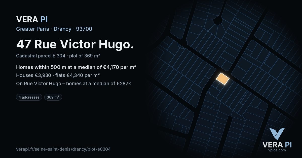 47 Rue Victor Hugo, Drancy at night – the plot lit, the parcels around coloured by the prices near them