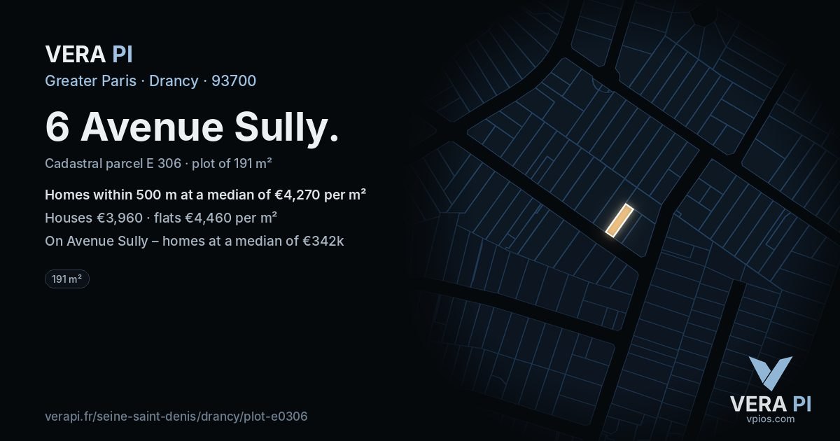 6 Avenue Sully, Drancy at night – the plot lit, the parcels around coloured by the prices near them