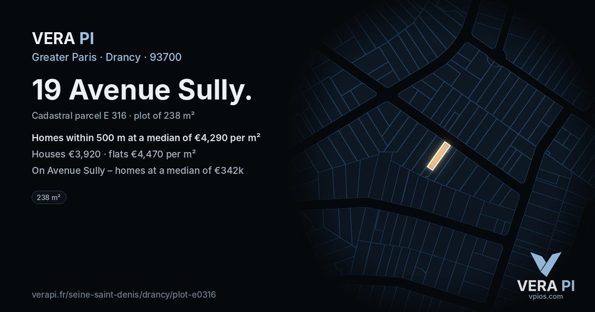 19 Avenue Sully, Drancy at night – the plot lit, the parcels around coloured by the prices near them