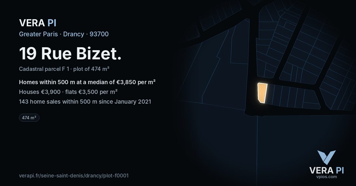 19 Rue Bizet, Drancy at night – the plot lit, the parcels around coloured by the prices near them