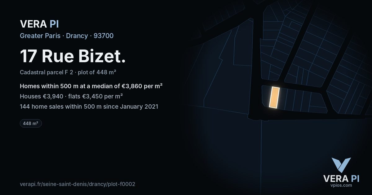 17 Rue Bizet, Drancy at night – the plot lit, the parcels around coloured by the prices near them