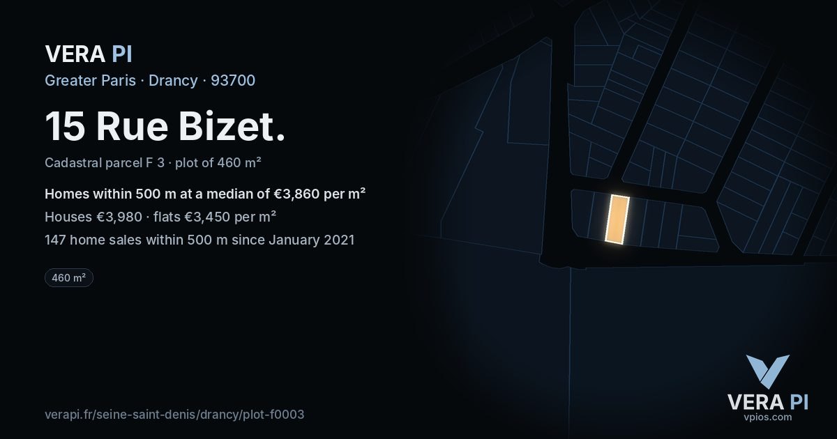 15 Rue Bizet, Drancy at night – the plot lit, the parcels around coloured by the prices near them
