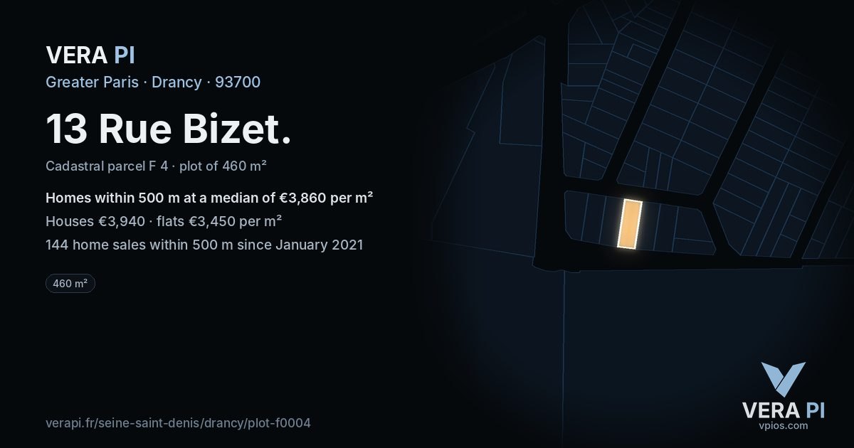 13 Rue Bizet, Drancy at night – the plot lit, the parcels around coloured by the prices near them