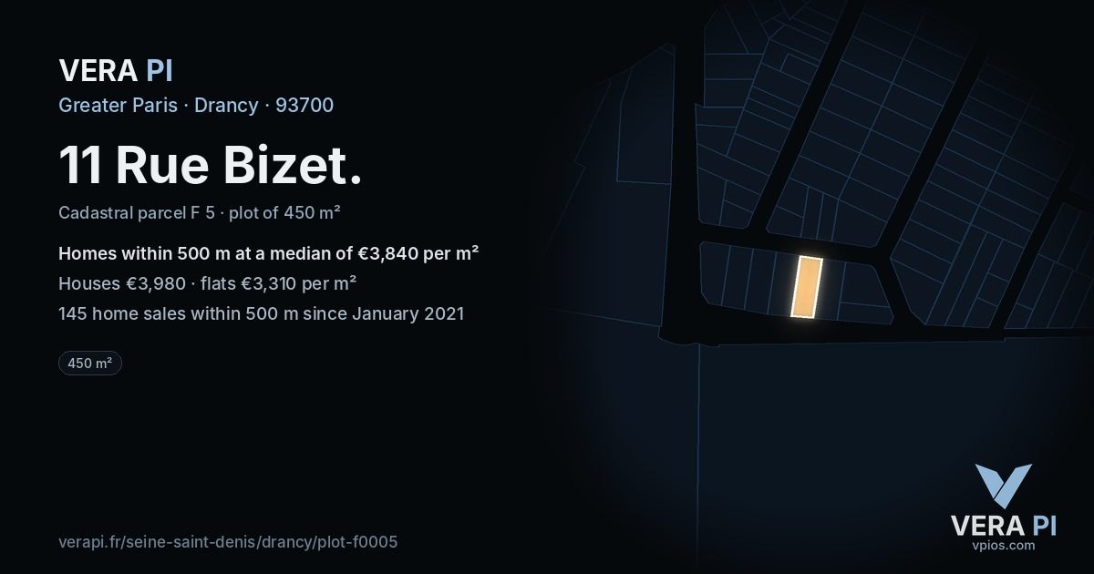 11 Rue Bizet, Drancy at night – the plot lit, the parcels around coloured by the prices near them