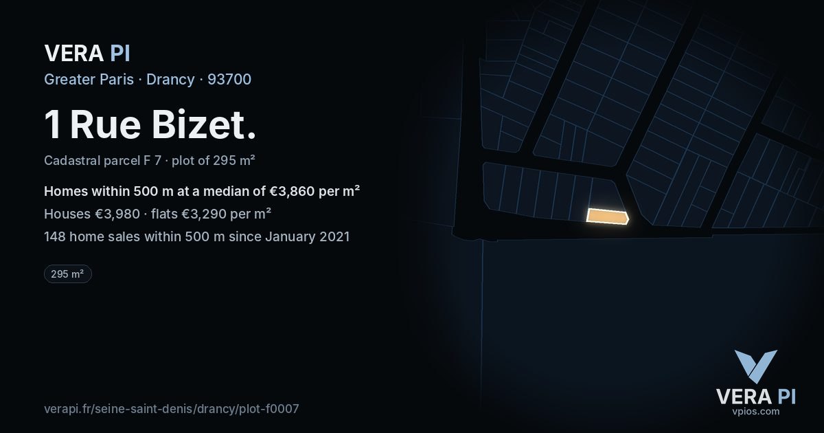 1 Rue Bizet, Drancy at night – the plot lit, the parcels around coloured by the prices near them