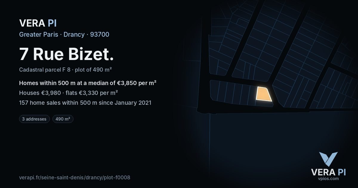 7 Rue Bizet, Drancy at night – the plot lit, the parcels around coloured by the prices near them