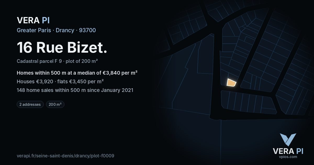 16 Rue Bizet, Drancy at night – the plot lit, the parcels around coloured by the prices near them