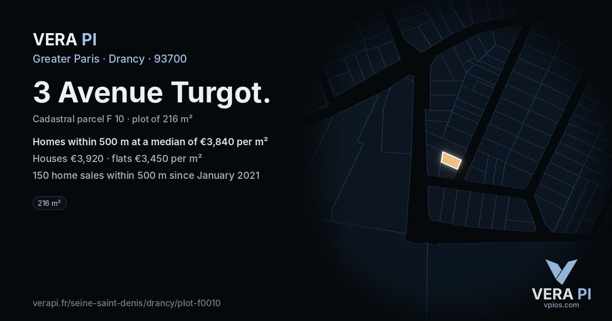3 Avenue Turgot, Drancy at night – the plot lit, the parcels around coloured by the prices near them