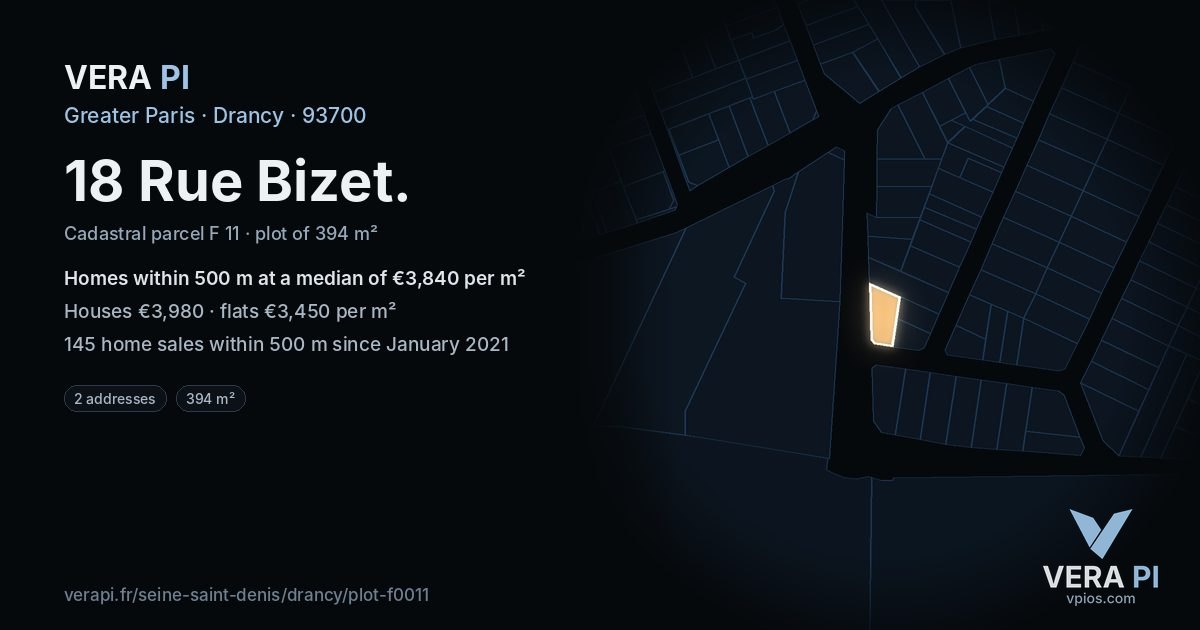 18 Rue Bizet, Drancy at night – the plot lit, the parcels around coloured by the prices near them