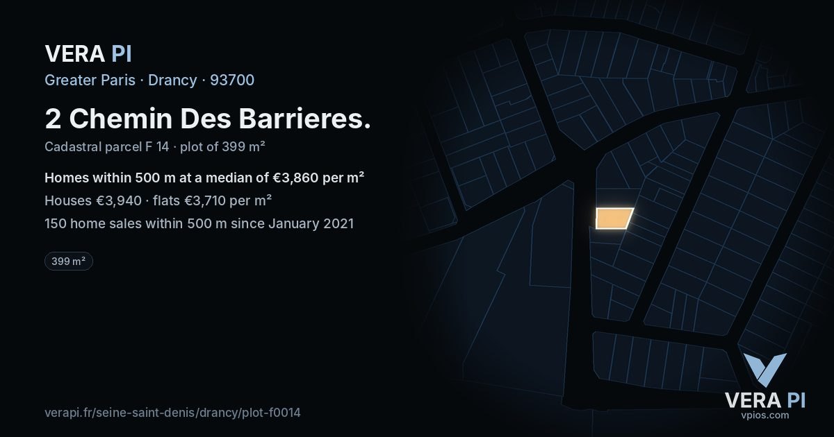2 Chemin Des Barrieres, Drancy at night – the plot lit, the parcels around coloured by the prices near them