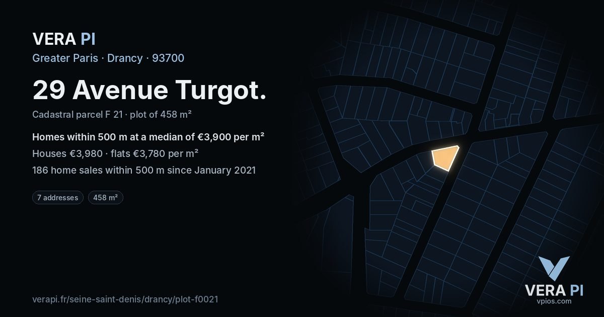 29 Avenue Turgot, Drancy at night – the plot lit, the parcels around coloured by the prices near them